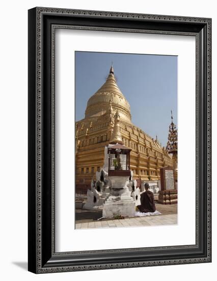 Buddhist Nun Meditating by Gold Stupa, Shwezigon Paya (Pagoda), Nyaung U-Stephen Studd-Framed Photographic Print