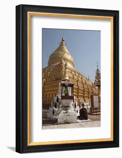 Buddhist Nun Meditating by Gold Stupa, Shwezigon Paya (Pagoda), Nyaung U-Stephen Studd-Framed Photographic Print