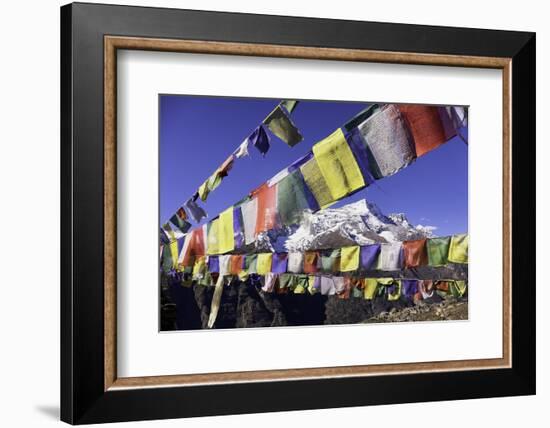 Buddhist Prayer Flags with Mount Kongde Ri Behind Taken Just Above the Town of Namche Bazaar-John Woodworth-Framed Photographic Print