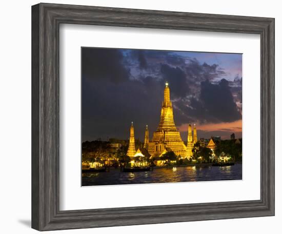 Buddhist Temple Lit Up at Dawn, Wat Arun, Chao Phraya River, Bangkok, Thailand-null-Framed Photographic Print