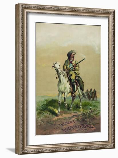 Buffalo Bill on horseback, holding smoking rifle, in front of soldiers on horseback.-Stocktrek Images-Framed Art Print