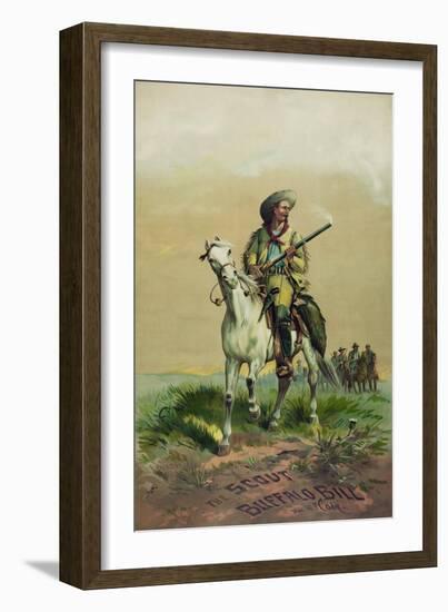 Buffalo Bill on horseback, holding smoking rifle, in front of soldiers on horseback.-Stocktrek Images-Framed Art Print