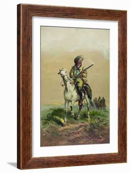 Buffalo Bill on horseback, holding smoking rifle, in front of soldiers on horseback.-Stocktrek Images-Framed Art Print