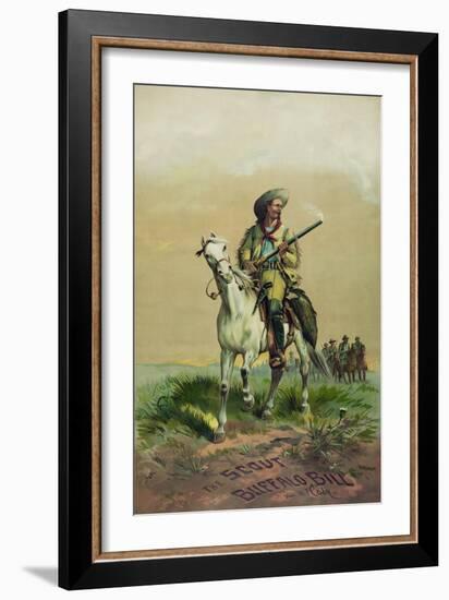 Buffalo Bill on horseback, holding smoking rifle, in front of soldiers on horseback.-Stocktrek Images-Framed Art Print