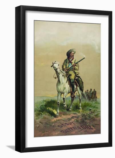 Buffalo Bill on horseback, holding smoking rifle, in front of soldiers on horseback.-Stocktrek Images-Framed Art Print