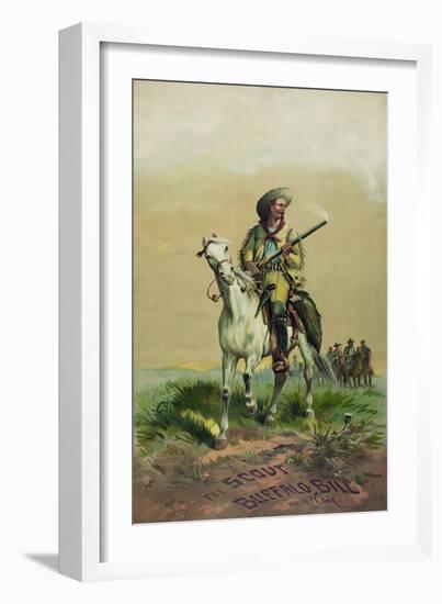 Buffalo Bill on horseback, holding smoking rifle, in front of soldiers on horseback.-Stocktrek Images-Framed Art Print