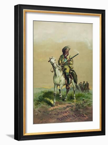 Buffalo Bill on horseback, holding smoking rifle, in front of soldiers on horseback.-Stocktrek Images-Framed Art Print