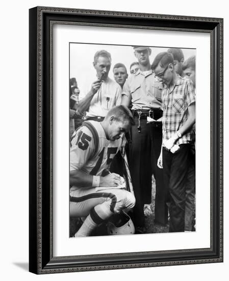 Buffalo Bills Player Jack Kemp Signs His Autograph for a Boy on August 4, 1964-null-Framed Photo