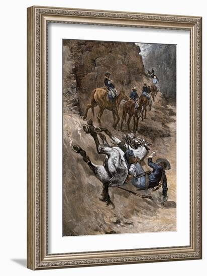 Buffalo Soldier and His Horse Taking a Tumble from the Trail, 1880s-null-Framed Giclee Print