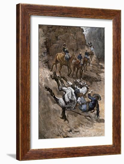Buffalo Soldier and His Horse Taking a Tumble from the Trail, 1880s-null-Framed Giclee Print
