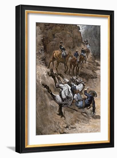 Buffalo Soldier and His Horse Taking a Tumble from the Trail, 1880s-null-Framed Giclee Print