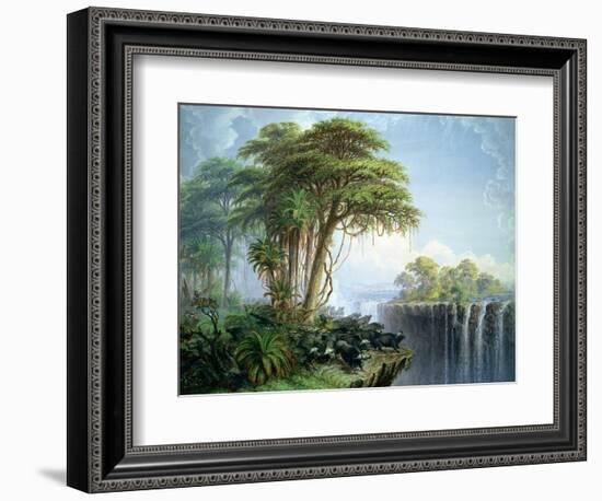 Buffalos Driven to the Edge of the Chasm Opposite Garden Island, Victoria Falls-Thomas Baines-Framed Giclee Print