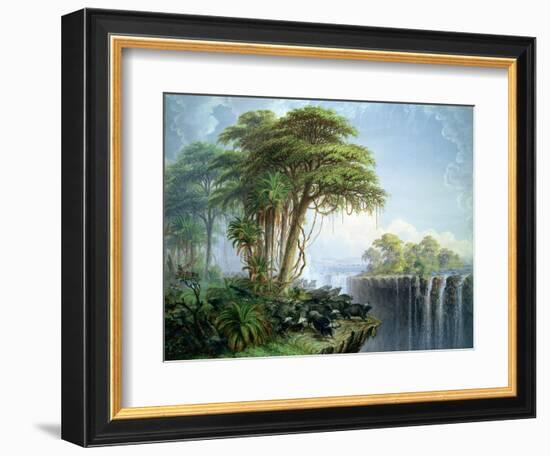 Buffalos Driven to the Edge of the Chasm Opposite Garden Island, Victoria Falls-Thomas Baines-Framed Giclee Print