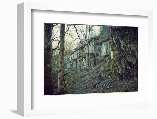 Building and remains of a bunker at a mountain in a wood in winter in Alsace-Axel Killian-Framed Photographic Print