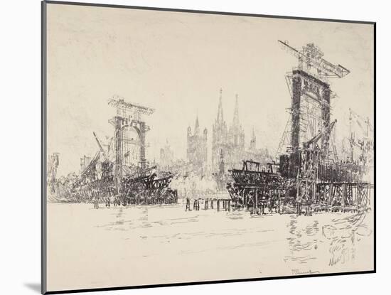 Building the Bridge at Cologne, 1914-Joseph Pennell-Mounted Giclee Print