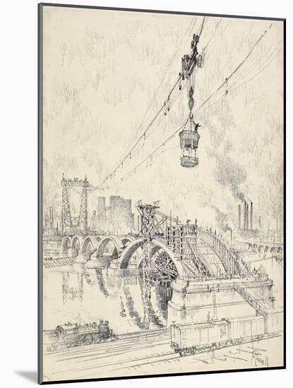 Building the Bridge, Minneapolis, 1915-Joseph Pennell-Mounted Giclee Print