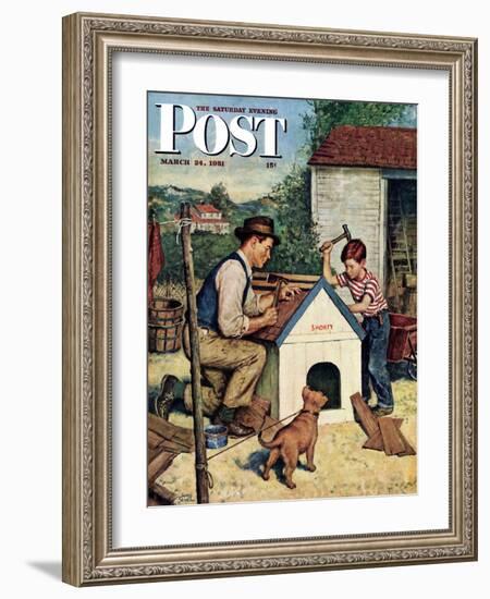 "Building the Doghouse" Saturday Evening Post Cover, March 24, 1951-Amos Sewell-Framed Premium Giclee Print