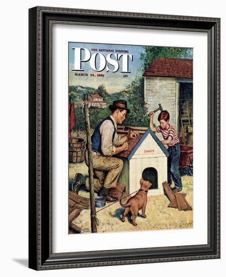 "Building the Doghouse" Saturday Evening Post Cover, March 24, 1951-Amos Sewell-Framed Premium Giclee Print