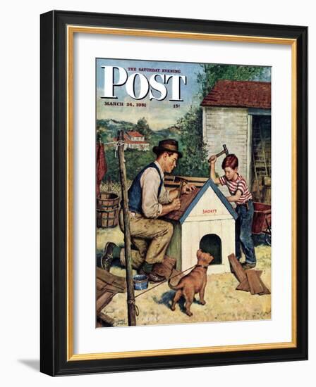 "Building the Doghouse" Saturday Evening Post Cover, March 24, 1951-Amos Sewell-Framed Premium Giclee Print