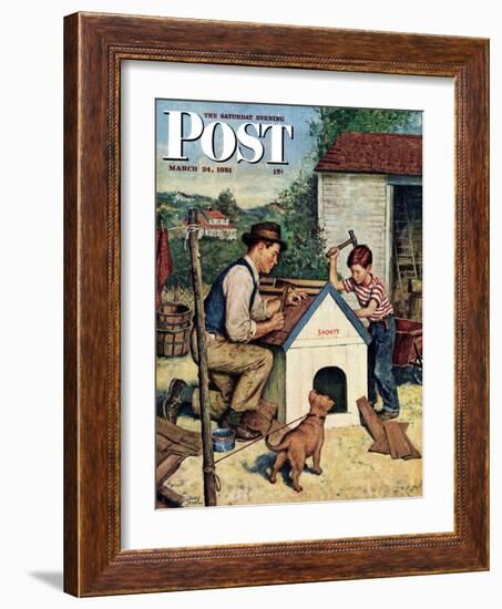 "Building the Doghouse" Saturday Evening Post Cover, March 24, 1951-Amos Sewell-Framed Giclee Print