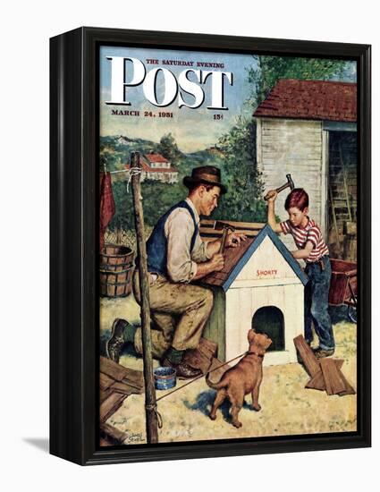 "Building the Doghouse" Saturday Evening Post Cover, March 24, 1951-Amos Sewell-Framed Premier Image Canvas