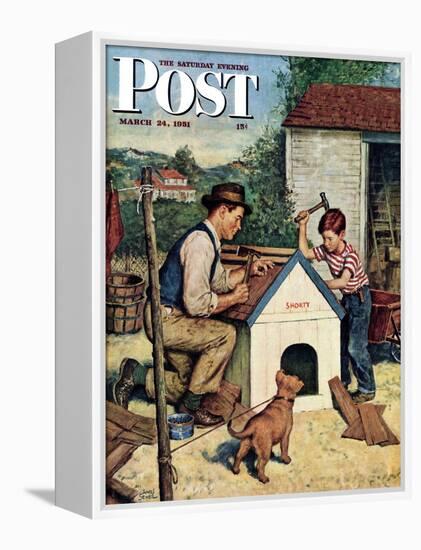 "Building the Doghouse" Saturday Evening Post Cover, March 24, 1951-Amos Sewell-Framed Premier Image Canvas