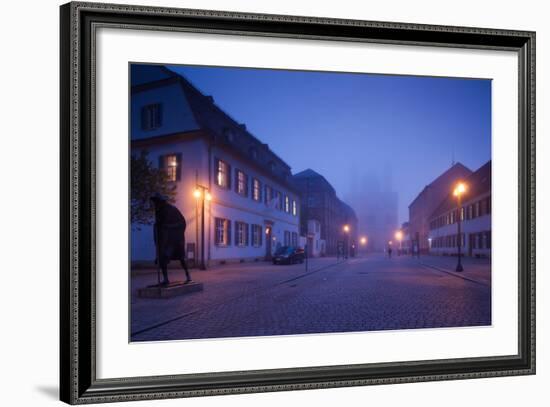 Buildings along Maximilianstrasse at dawn fog, Speyer, Rhineland-Palatinate, Germany-null-Framed Photographic Print