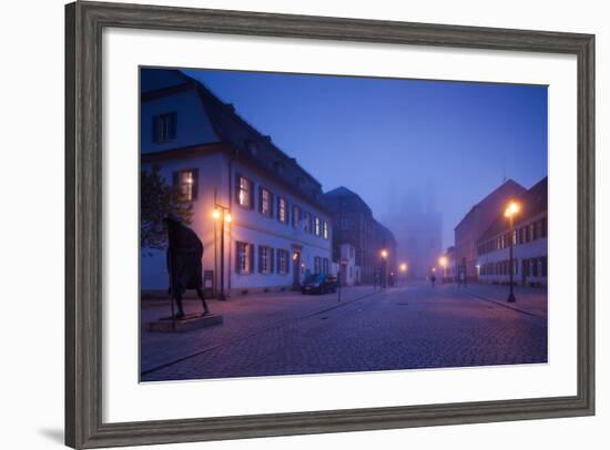 Buildings along Maximilianstrasse at dawn fog, Speyer, Rhineland-Palatinate, Germany-null-Framed Photographic Print