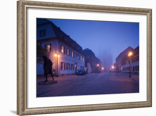 Buildings along Maximilianstrasse at dawn fog, Speyer, Rhineland-Palatinate, Germany-null-Framed Photographic Print