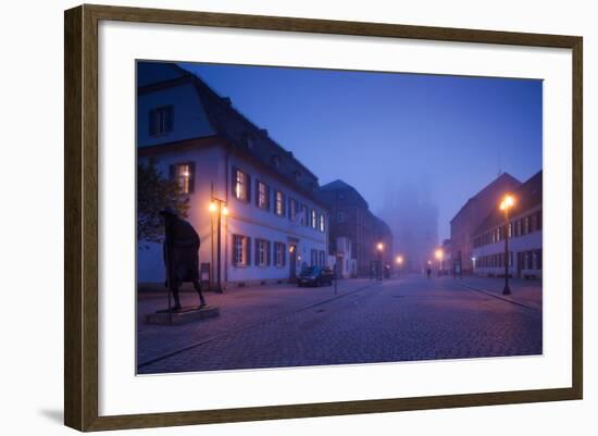 Buildings along Maximilianstrasse at dawn fog, Speyer, Rhineland-Palatinate, Germany-null-Framed Photographic Print