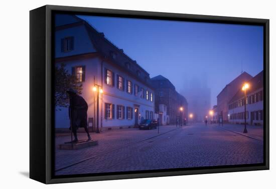 Buildings along Maximilianstrasse at dawn fog, Speyer, Rhineland-Palatinate, Germany-null-Framed Premier Image Canvas