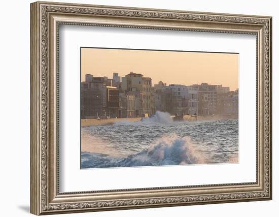 Buildings Along the Malecon in Soft Evening Sunlight with Large Waves Crashing Against the Sea Wall-Lee Frost-Framed Photographic Print