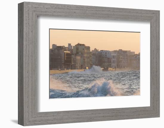 Buildings Along the Malecon in Soft Evening Sunlight with Large Waves Crashing Against the Sea Wall-Lee Frost-Framed Photographic Print