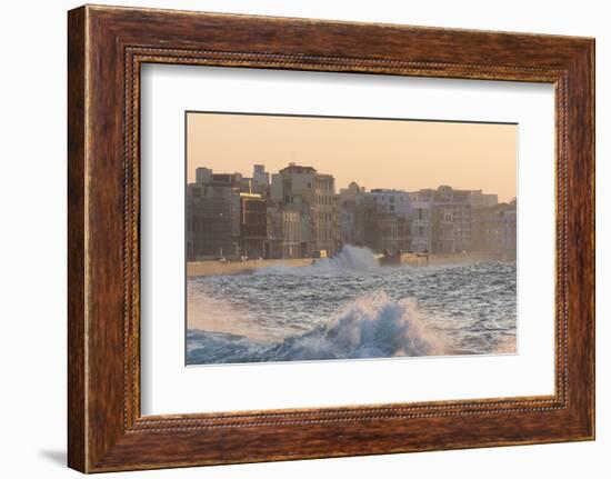 Buildings Along the Malecon in Soft Evening Sunlight with Large Waves Crashing Against the Sea Wall-Lee Frost-Framed Photographic Print