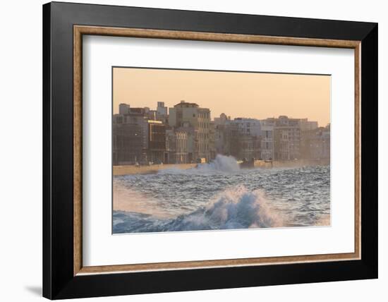 Buildings Along the Malecon in Soft Evening Sunlight with Large Waves Crashing Against the Sea Wall-Lee Frost-Framed Photographic Print