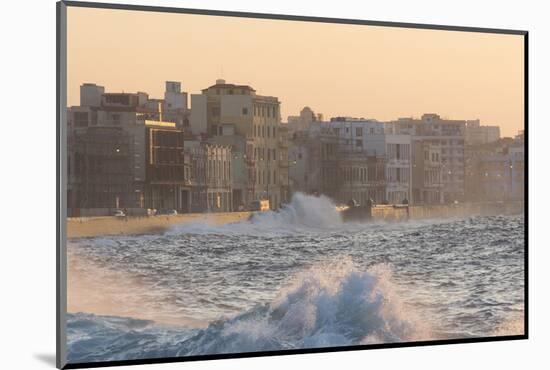 Buildings Along the Malecon in Soft Evening Sunlight with Large Waves Crashing Against the Sea Wall-Lee Frost-Mounted Photographic Print