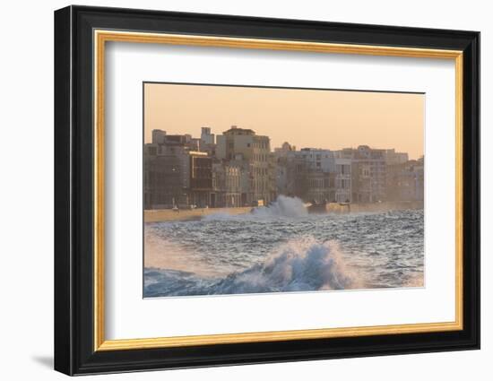 Buildings Along the Malecon in Soft Evening Sunlight with Large Waves Crashing Against the Sea Wall-Lee Frost-Framed Photographic Print