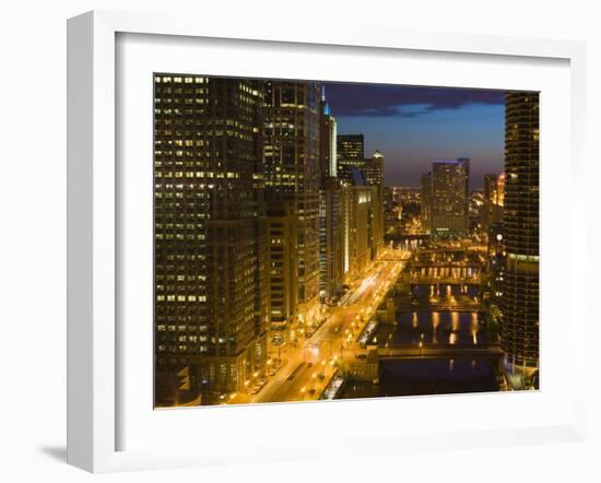 Buildings Along Wacker Drive and the Chicago River at Dusk, Chicago, Illinois, USA-Amanda Hall-Framed Photographic Print