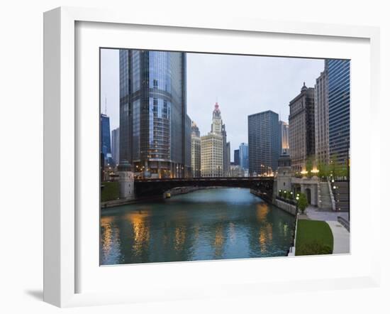 Buildings Along Wacker Drive and the Chicago River, Trump Tower Centre Left, Chicago, Illinois, USA-Amanda Hall-Framed Photographic Print