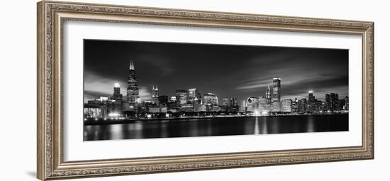 Buildings at the Waterfront Lit Up at Night, Sears Tower, Lake Michigan, Chicago, Cook County--Framed Photographic Print