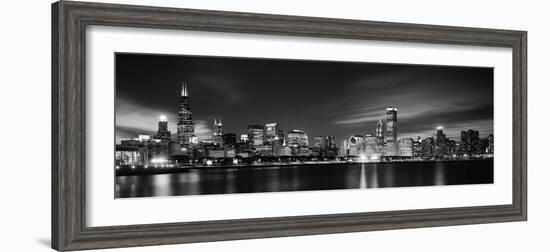 Buildings at the Waterfront Lit Up at Night, Sears Tower, Lake Michigan, Chicago, Cook County-null-Framed Photographic Print