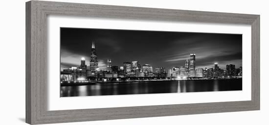 Buildings at the Waterfront Lit Up at Night, Sears Tower, Lake Michigan, Chicago, Cook County-null-Framed Photographic Print