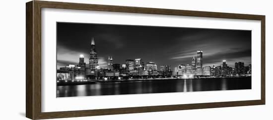 Buildings at the Waterfront Lit Up at Night, Sears Tower, Lake Michigan, Chicago, Cook County-null-Framed Photographic Print