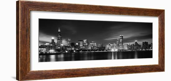 Buildings at the Waterfront Lit Up at Night, Sears Tower, Lake Michigan, Chicago, Cook County--Framed Photographic Print