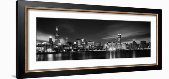 Buildings at the Waterfront Lit Up at Night, Sears Tower, Lake Michigan, Chicago, Cook County--Framed Photographic Print