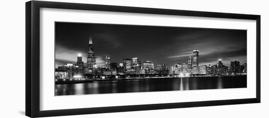 Buildings at the Waterfront Lit Up at Night, Sears Tower, Lake Michigan, Chicago, Cook County-null-Framed Photographic Print