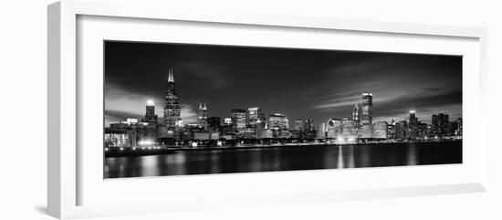 Buildings at the Waterfront Lit Up at Night, Sears Tower, Lake Michigan, Chicago, Cook County-null-Framed Photographic Print