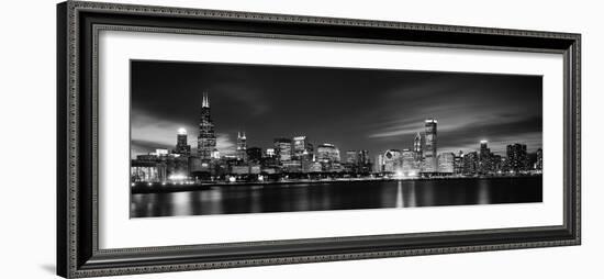 Buildings at the Waterfront Lit Up at Night, Sears Tower, Lake Michigan, Chicago, Cook County-null-Framed Photographic Print