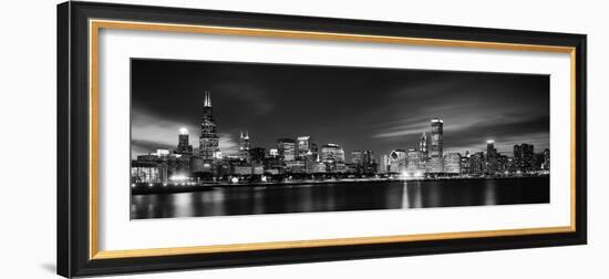 Buildings at the Waterfront Lit Up at Night, Sears Tower, Lake Michigan, Chicago, Cook County-null-Framed Photographic Print