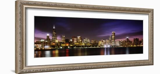 Buildings at the Waterfront Lit Up at Night, Sears Tower, Lake Michigan, Chicago, Illinois, USA-null-Framed Photographic Print